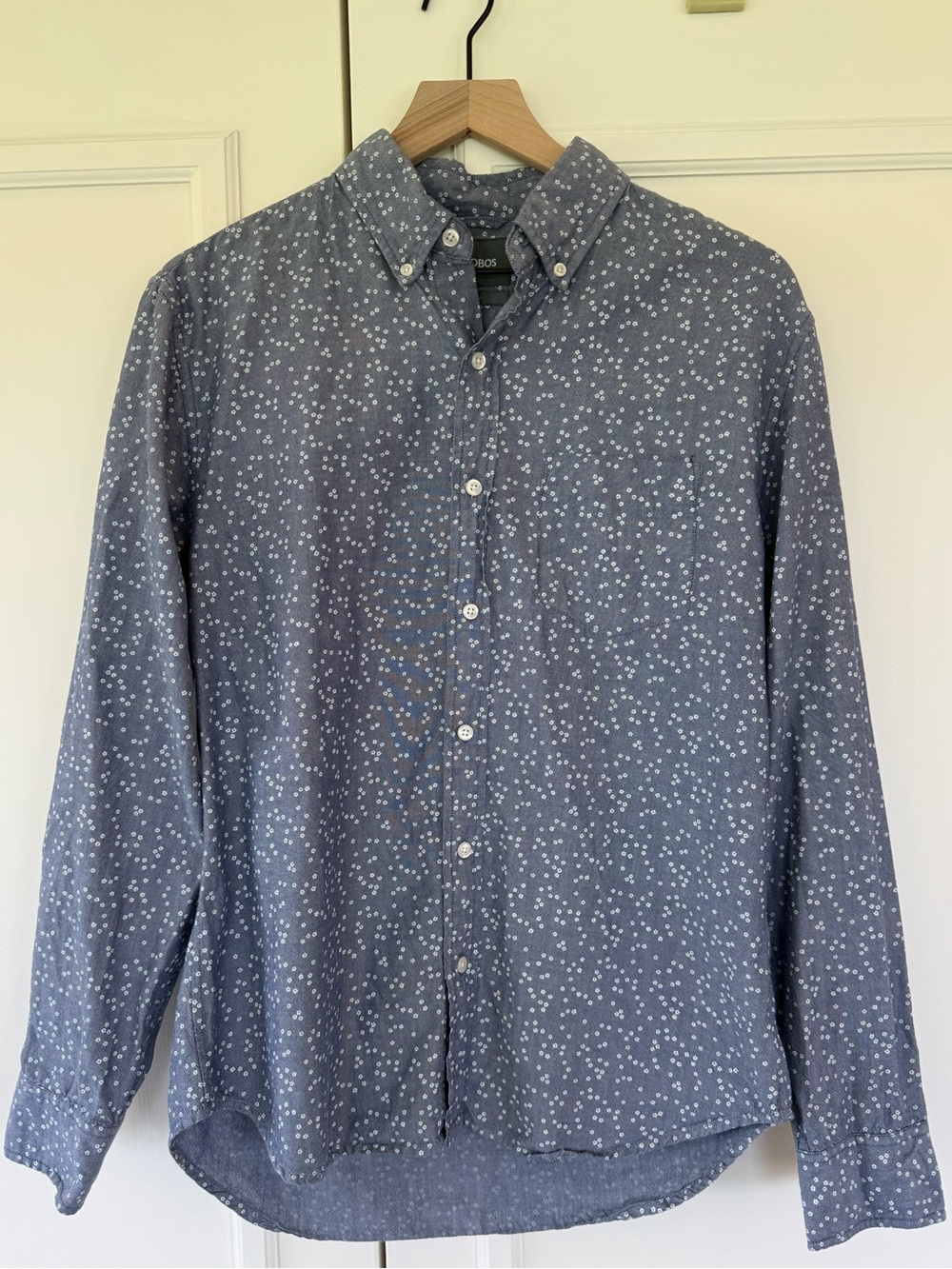 Bonobos long sleeve button-up shirt in blue with tiny white flowers, size M